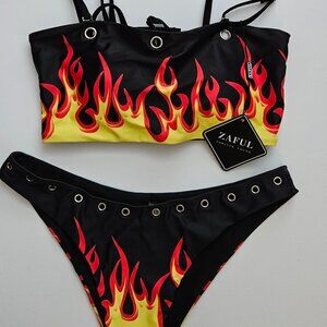Zara Zaful Lace up bandeau Black and REd flame bikini SET -New with Tag, Size 6